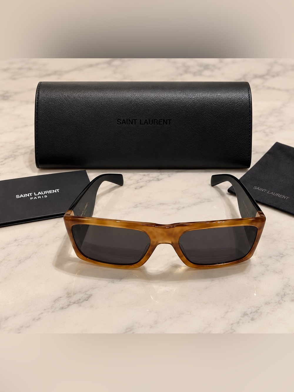 Saint Laurent SL 635 acetate sunglasses w/ a brown Havana & black color-block